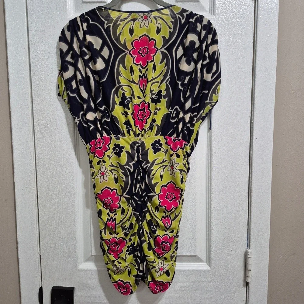 Hale Bob Floral Mesh Ruched V-Neck Dress Navy Pink Lime Womens Small